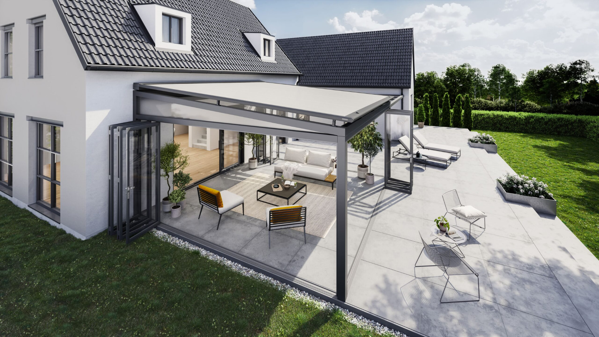 Markilux 7800 glasmarkise med hvidt stof og grå ramme over en åben udestue
