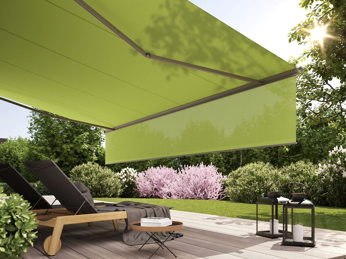Markilux 1600 med grønt stof og grøn shadeplus i grå ramme