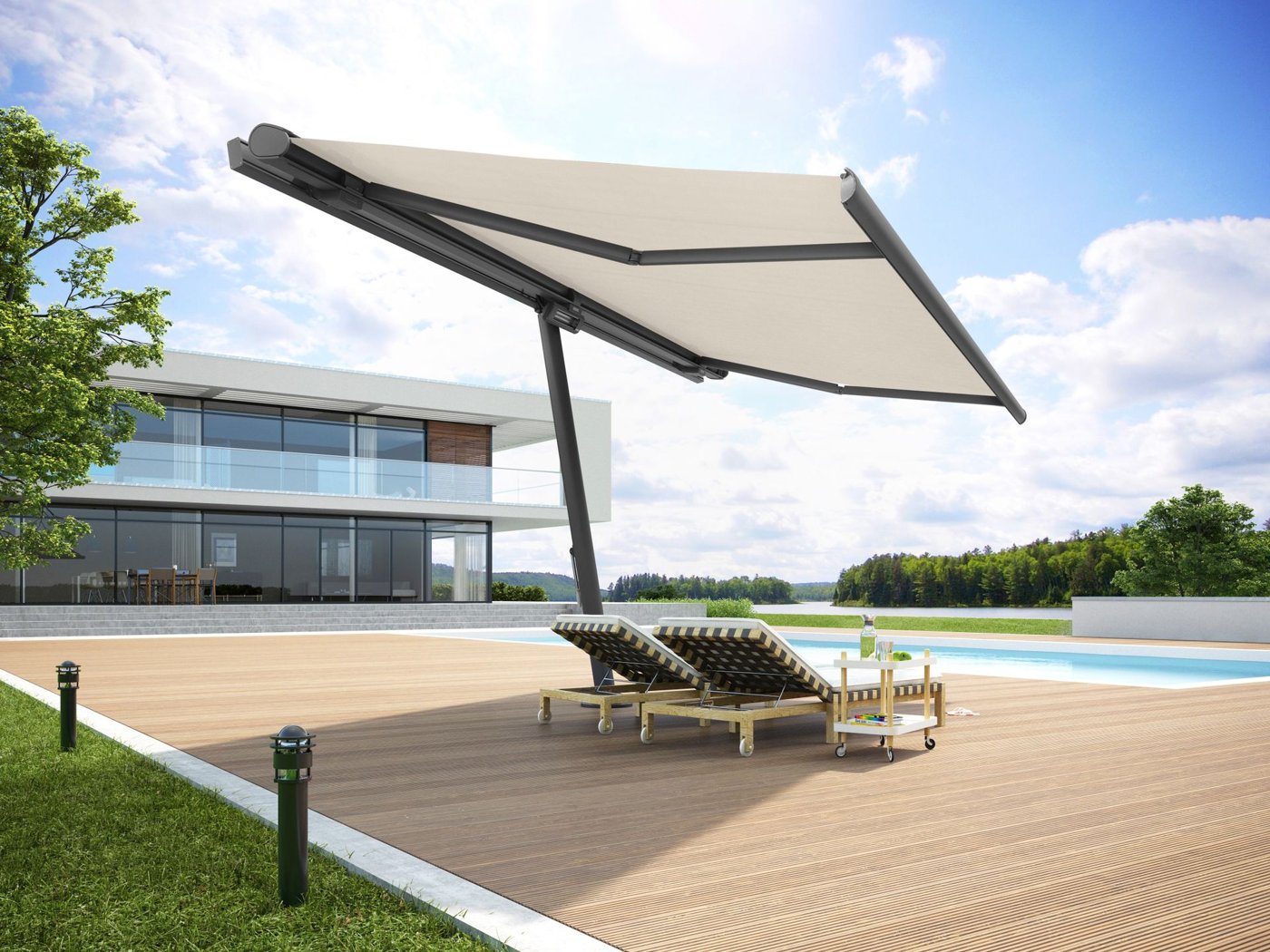 Markilux Planet foran en pool med en kassettemarkise Markilux 6000 med beige stofovertræk