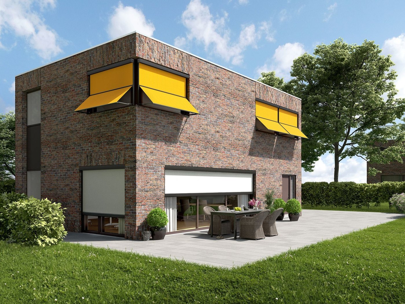 Murstenshus med store Markilux 776 lodrette kassettemarkiser