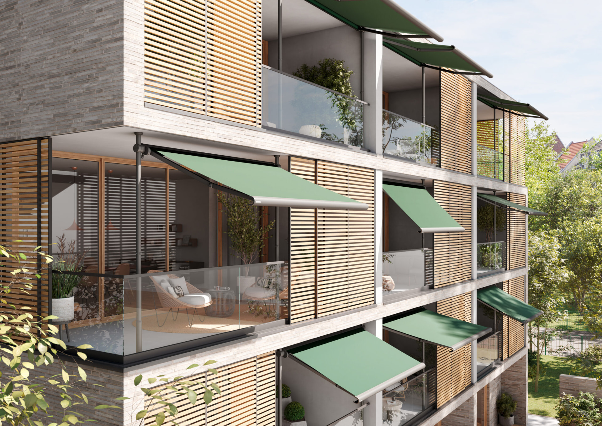 Etageejendom med grønne Markilux 900 klemmemarkiser på altanerne