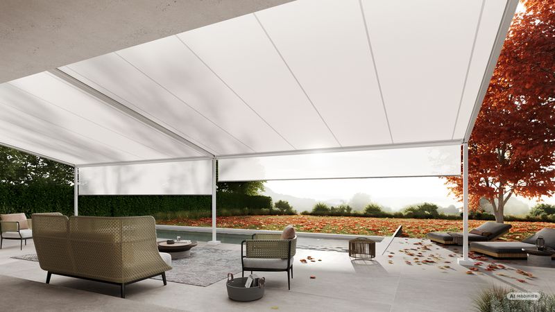 Sammenkoblet pergolamarkise markilux pergola style med hvid dug over en terrasse i efterårslys
