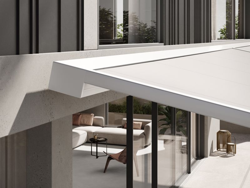 Detaljeret visning af den kubiske kassette på markilux pergola style