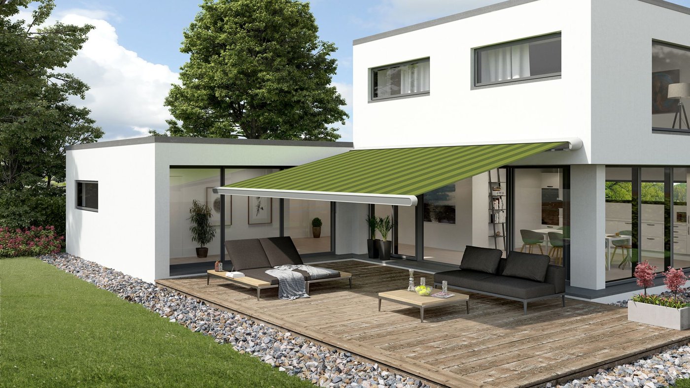 Markilux MX-1 Compact udrullet over terrassen på et moderne hus