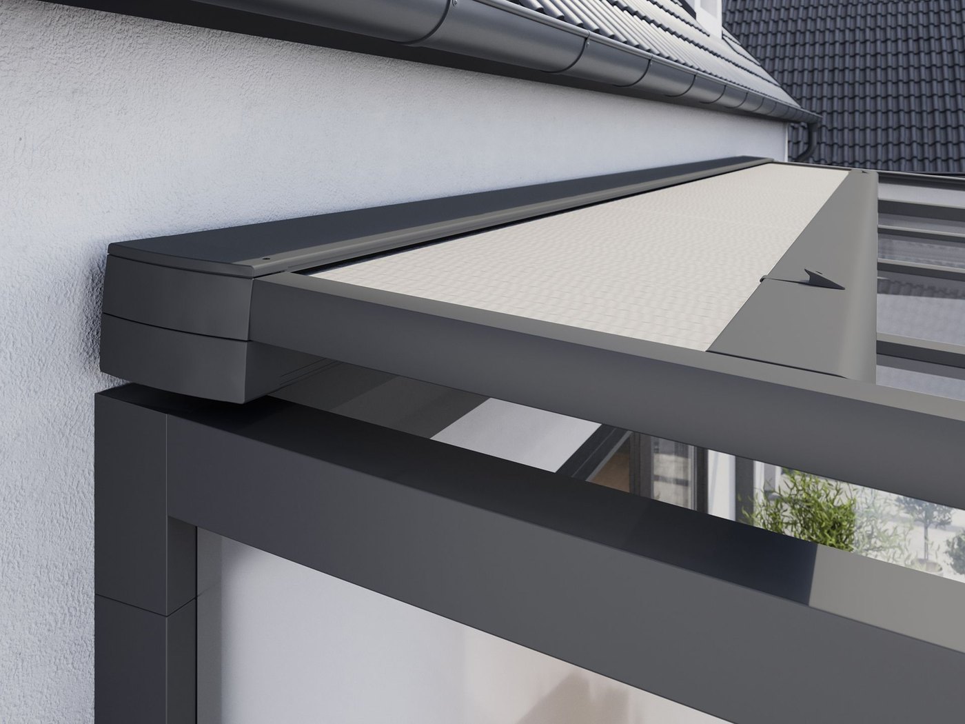 Detalje af kassetten på den halvt åbne Markilux 7800 tagmarkise
