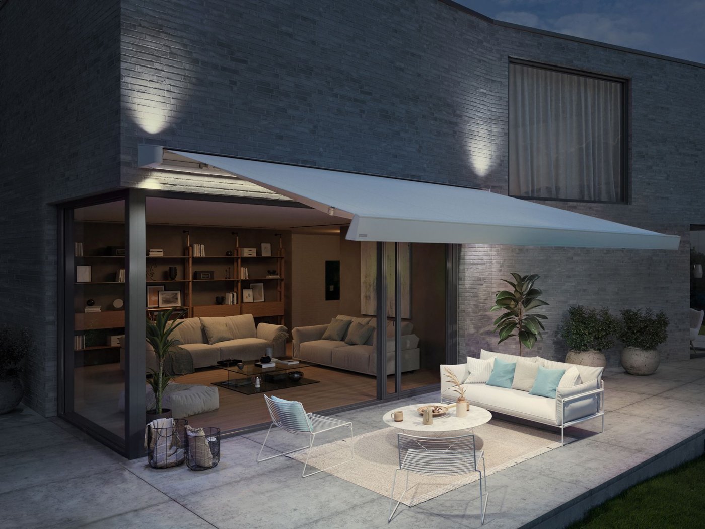 Markilux MX-4 i hvid med hvidt stof og belysning om natten