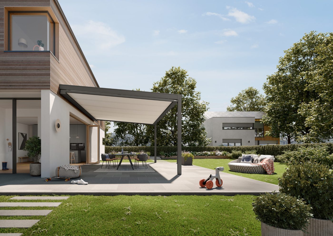 Markilux 679 underglasmarkise med hvid dug monteret under et glastag på en åben udestue