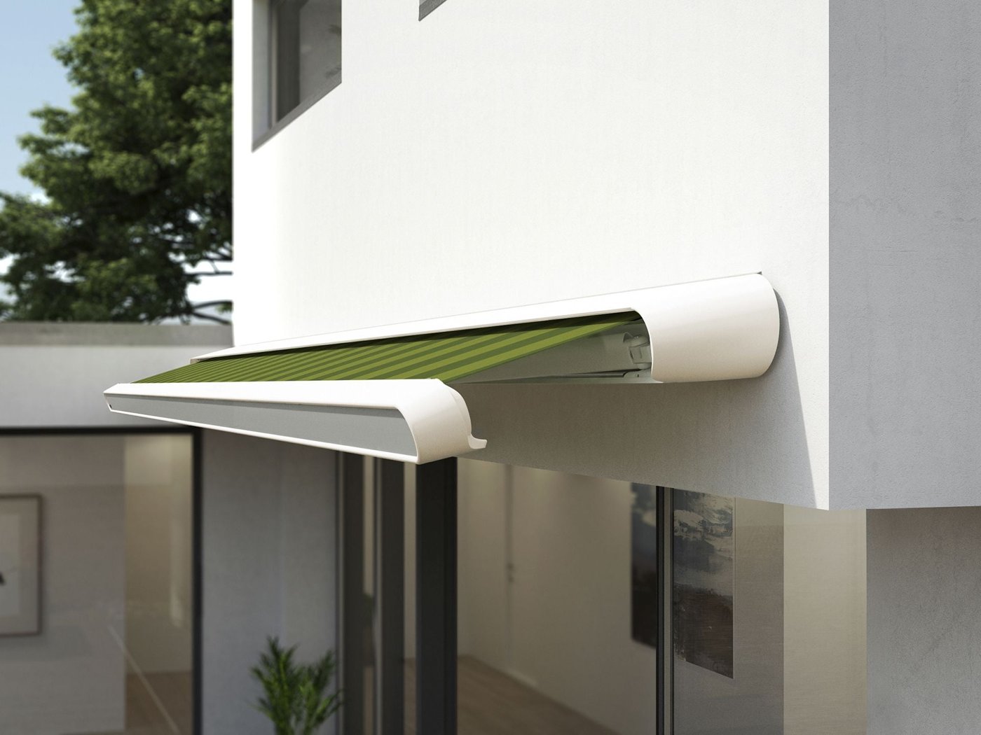 Detalje af en let udrullet Markilux MX-1 med hvid ramme og grønstribet dug