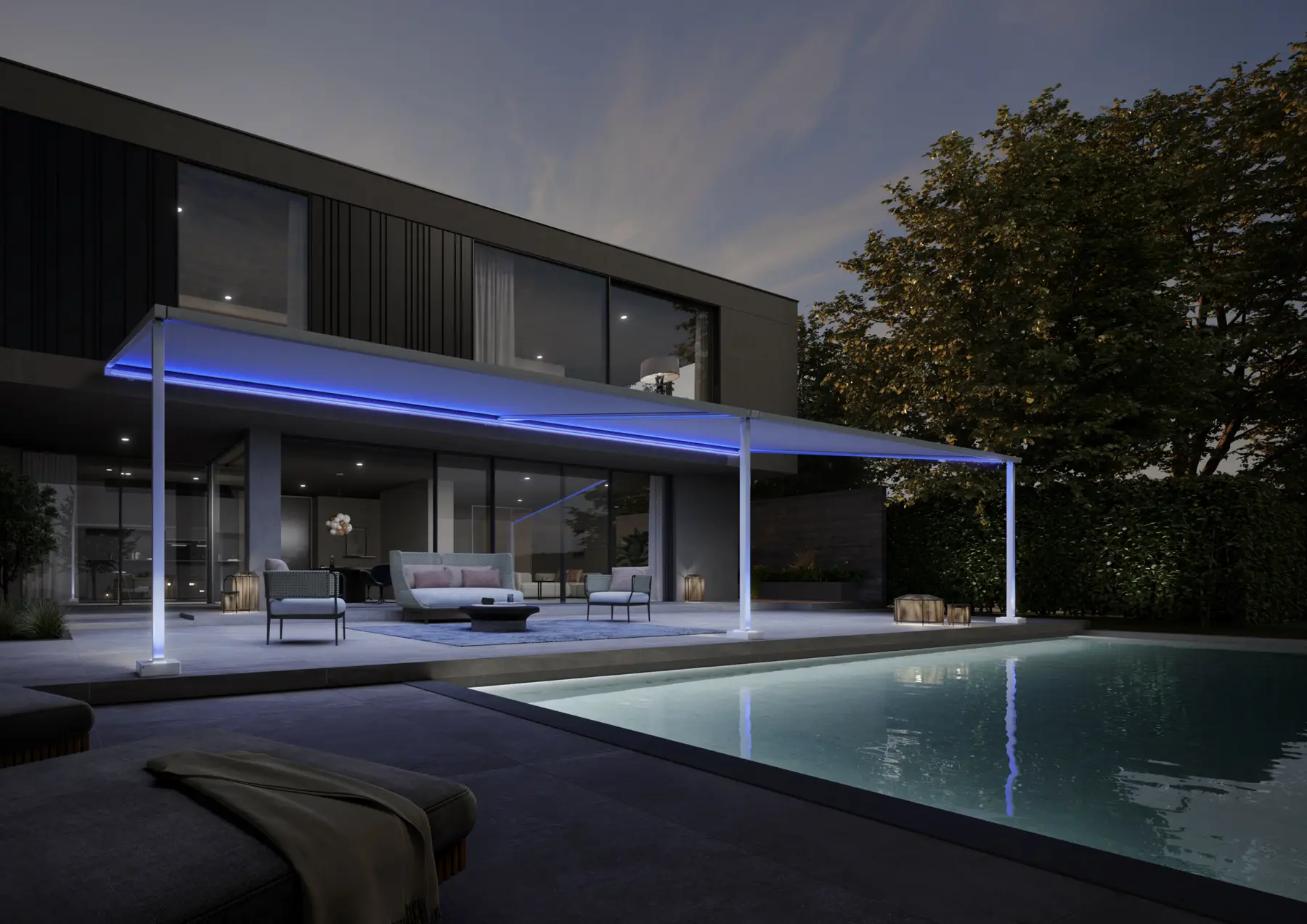 Markilux pergola style med integreret LED-belysning om aftenen