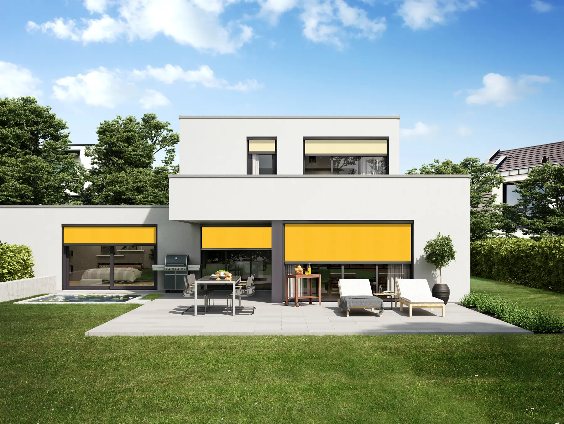 Gule Markilux vinduesmarkiser på en hvid facade